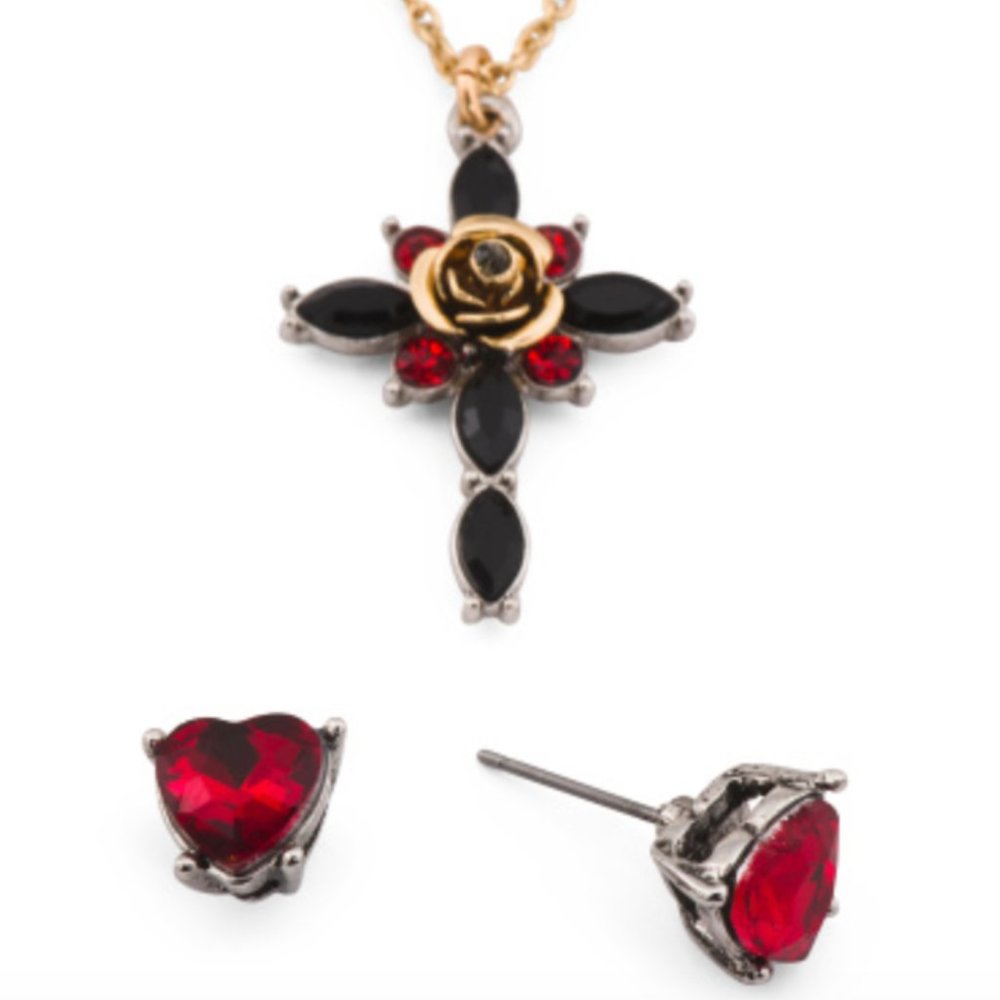 BETSEY JOHNSON Cross Necklace & Heart Earrings Set